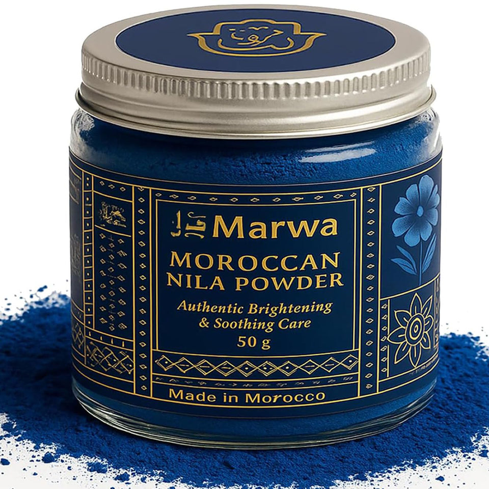 Dar Marwa jar front view showing nila powder and authentic Moroccan packaging benefits ritual-ready