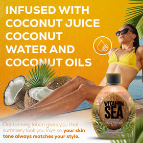 DARK TANS EXCLUSIVE with coconuts and leaves highlighting coconut water and oil hydration