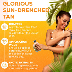 DARK TANS EXCLUSIVE bottle in beach setting conveying tropical scent and lifestyle appeal