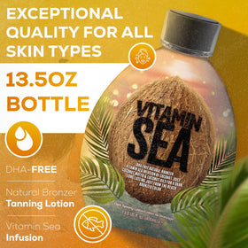 DARK TANS EXCLUSIVE bottle next to hand showing 13.5 oz size and easy handling