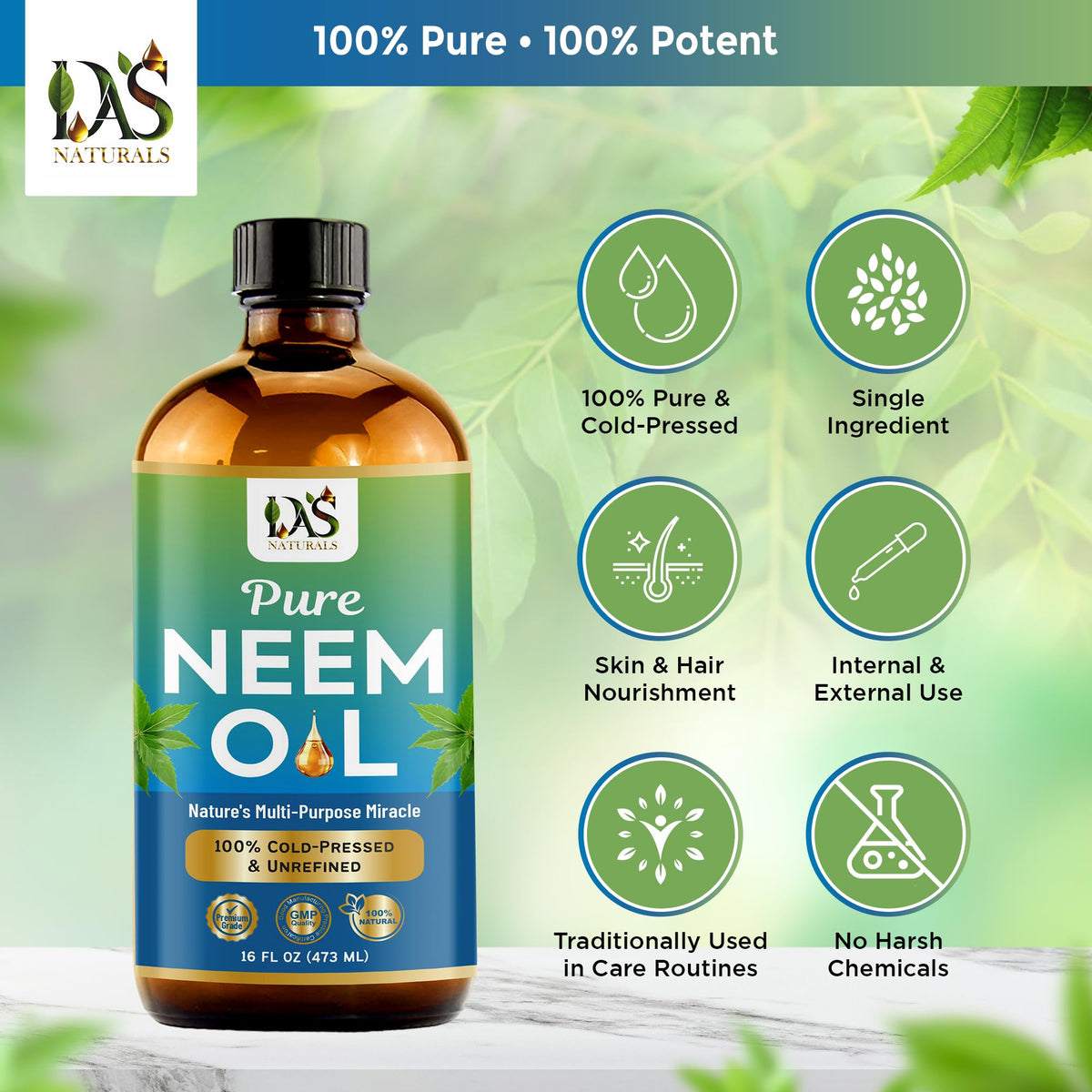 DAS NATURALS label close-up highlighting cold-pressed, unrefined benefits