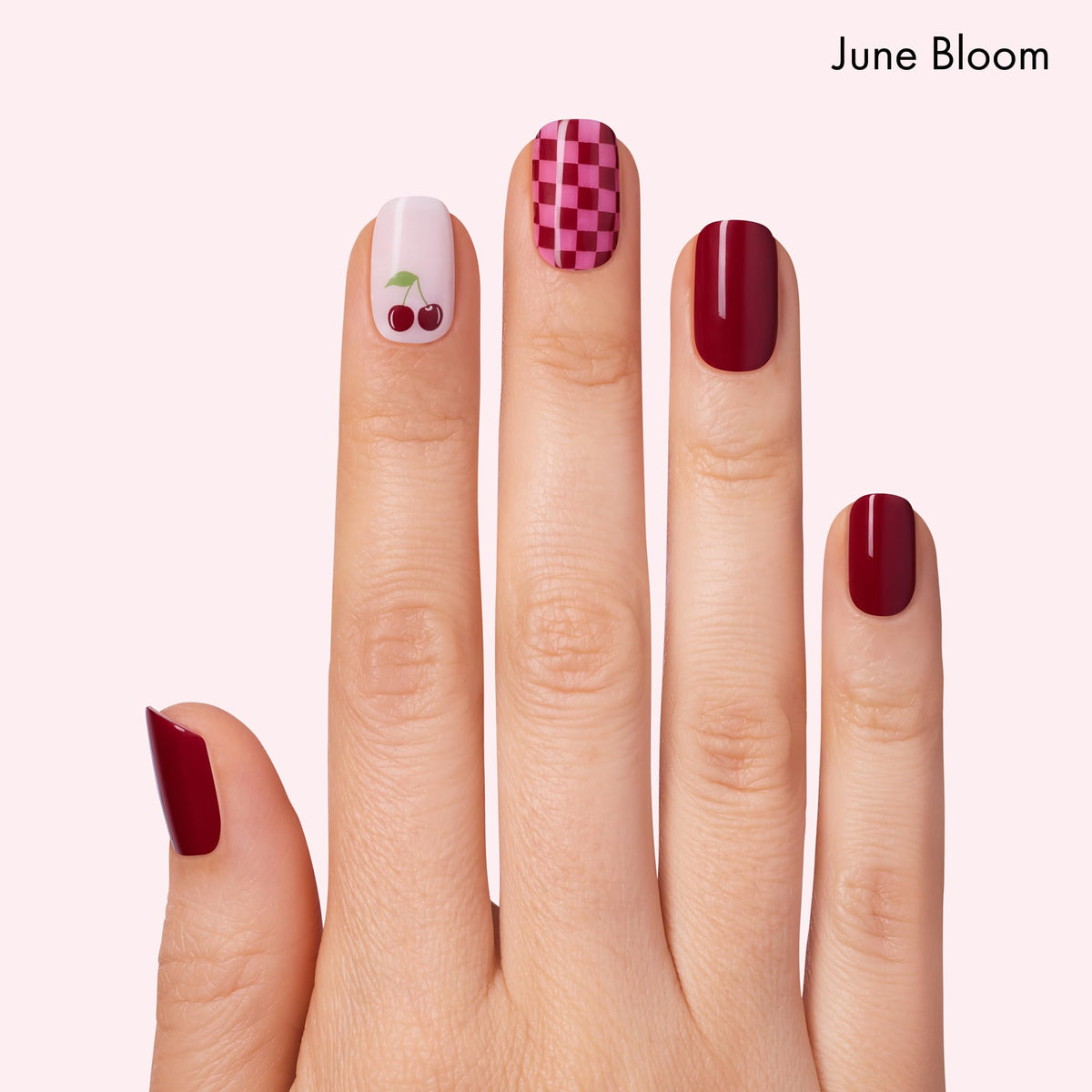 Dashing Diva Cha Cha Cherry close-up of pattern with high-gloss finish for vibrant nails
