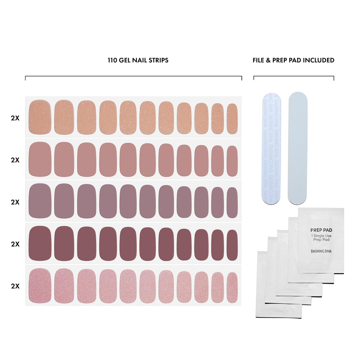 Dashing Diva contents laid out with 110 strips, files, and prep pads for convenient application