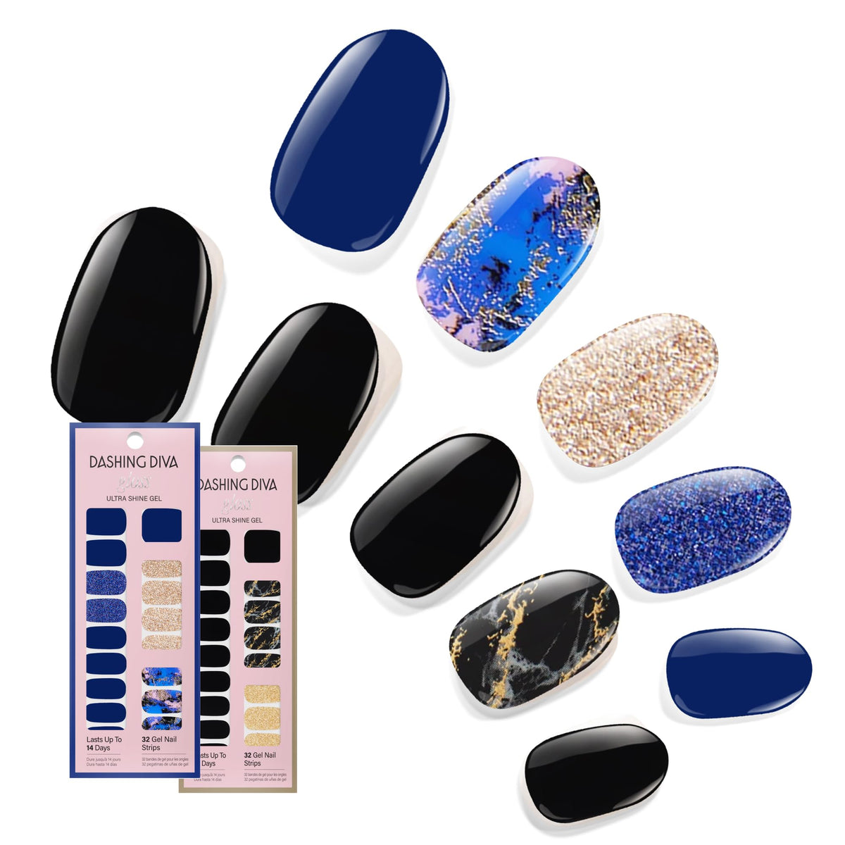 Dashing Diva front packaging showing both Dark Marble Collection sets and glossy finish benefits
