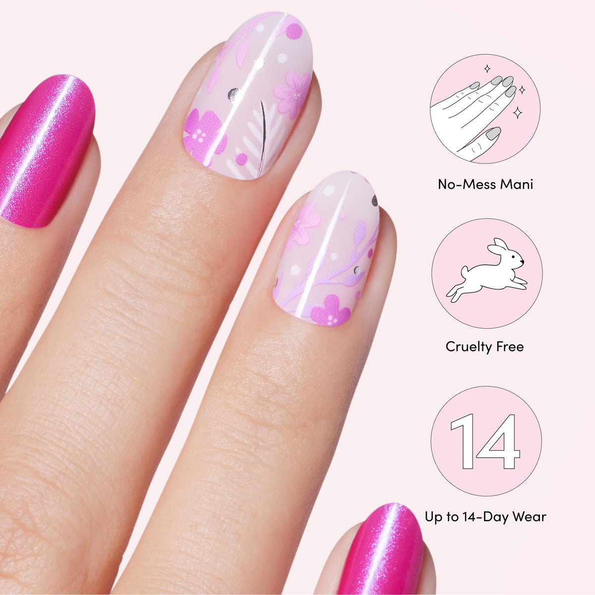 Dashing Diva finished mani on hands lifestyle shot showing glossy chips-resistant look
