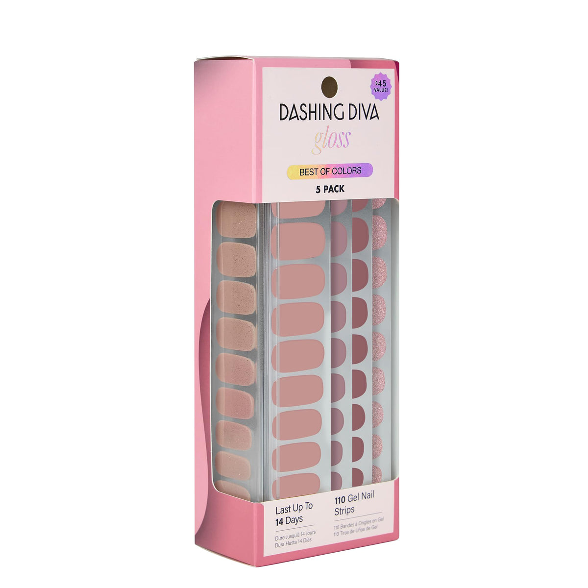 Dashing Diva front packaging showing kit contents and neutral shades for quick salon results