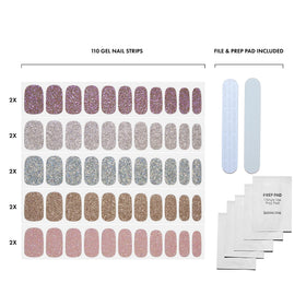 Dashing Diva kit contents laid out to show 110 strips, prep pads, files convenience