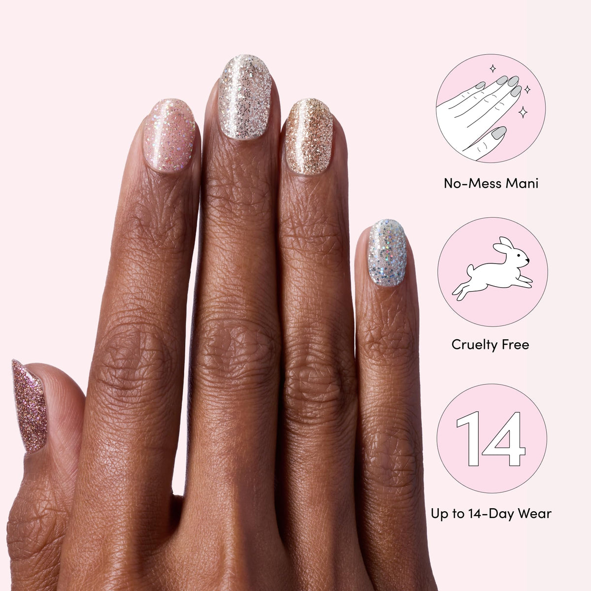 Dashing Diva finished manicure on hands showcasing glossy sparkly look