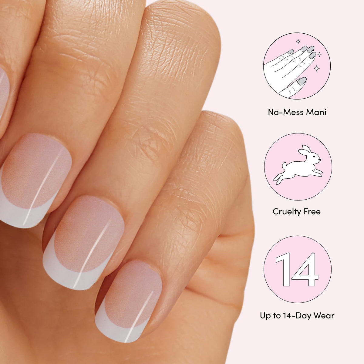 Model hand wearing Dashing Diva Pearly Whites strips demonstrating glossy, salon-like results after LED curing
