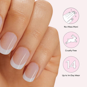 Model hand wearing Dashing Diva Pearly Whites strips demonstrating glossy, salon-like results after LED curing
