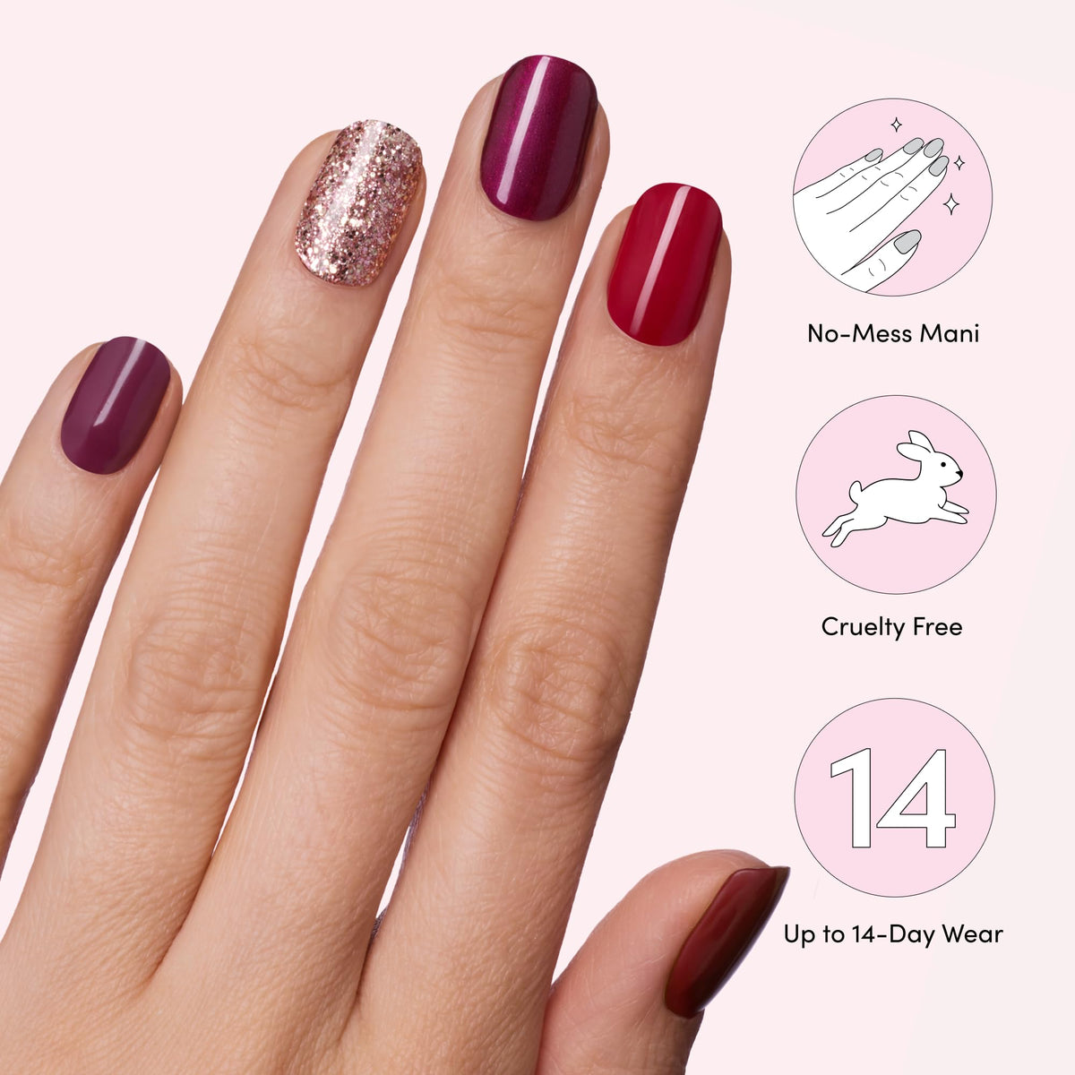 Dashing Diva strips on fingertips to show scale and fit for accurate size selection benefit
