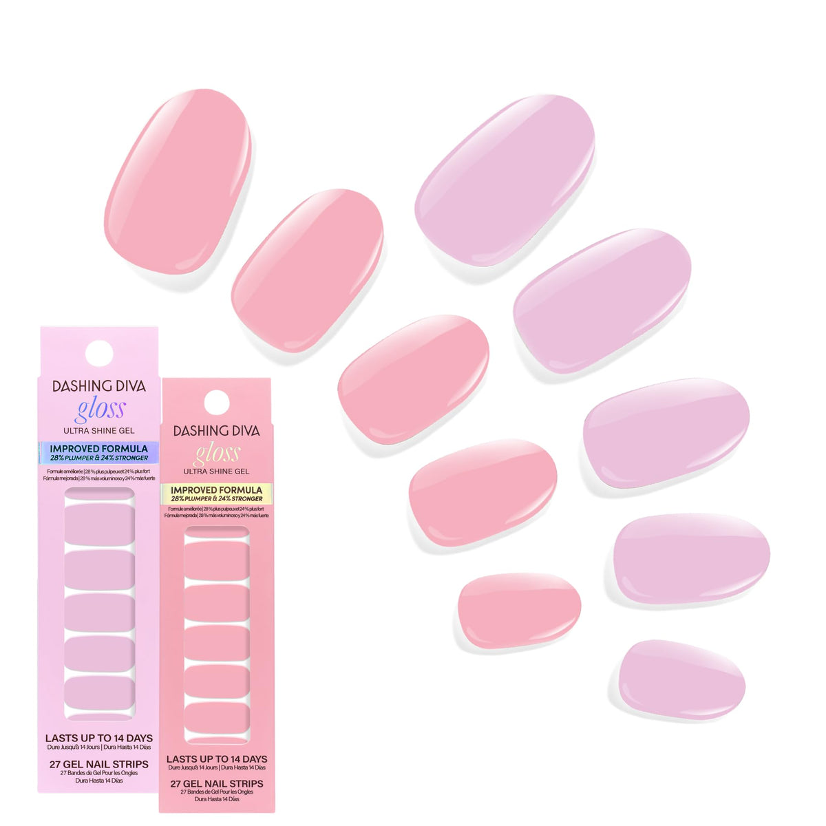 Dashing Diva front packaging showing two soft pink strip sets and glossy finish benefit