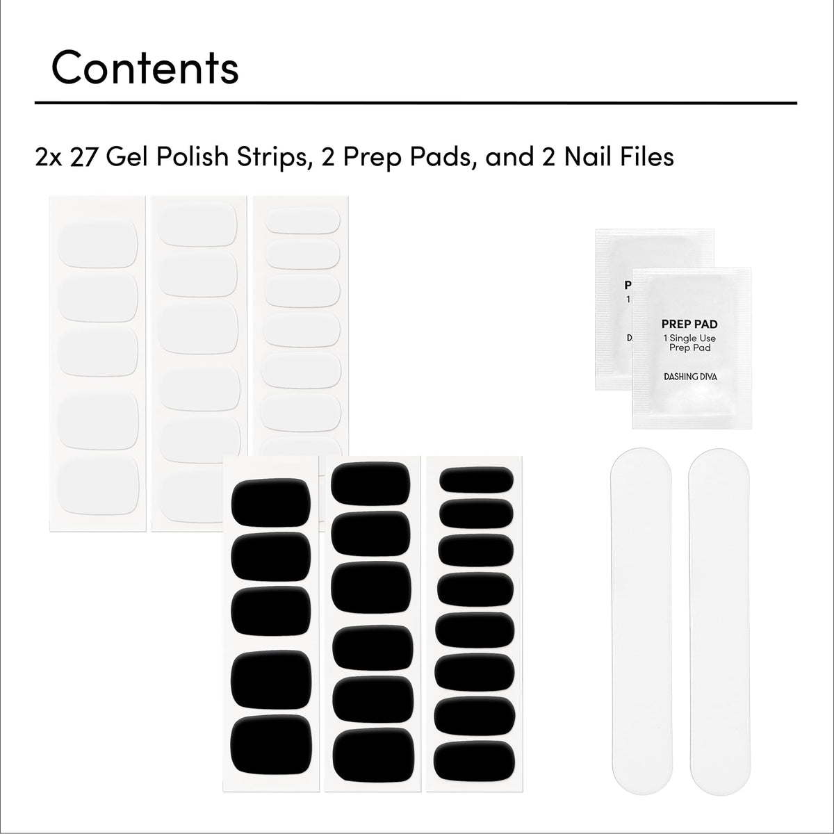 Dashing Diva included contents with strips, prep pad, and nail file visible
