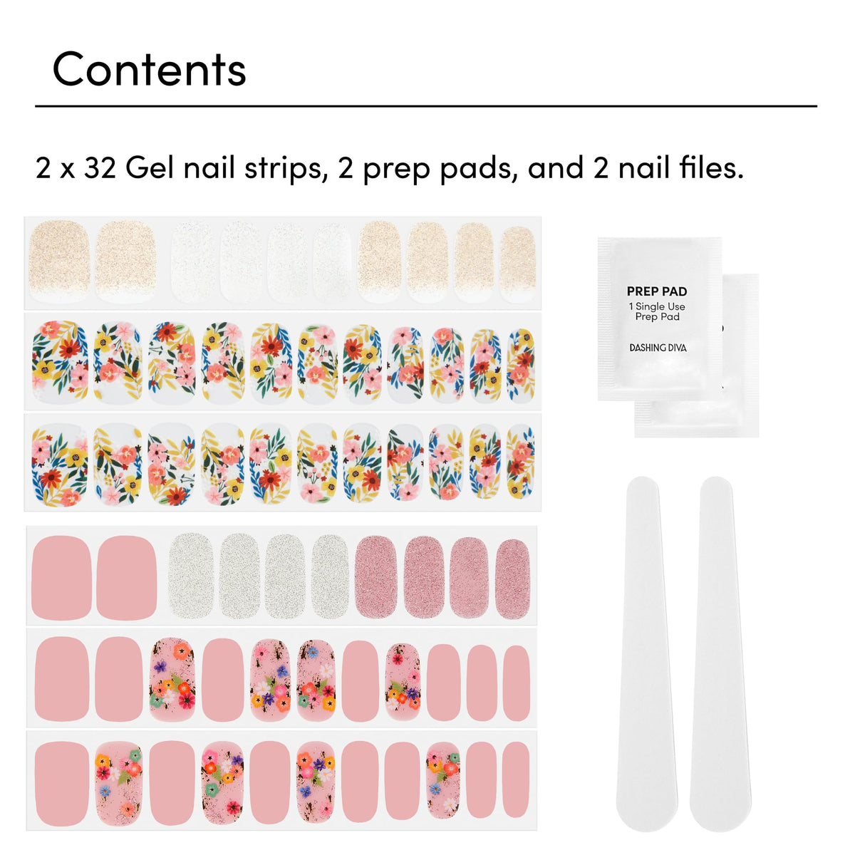 Dashing Diva two sets laid flat with included strips, prep pad, file visible
