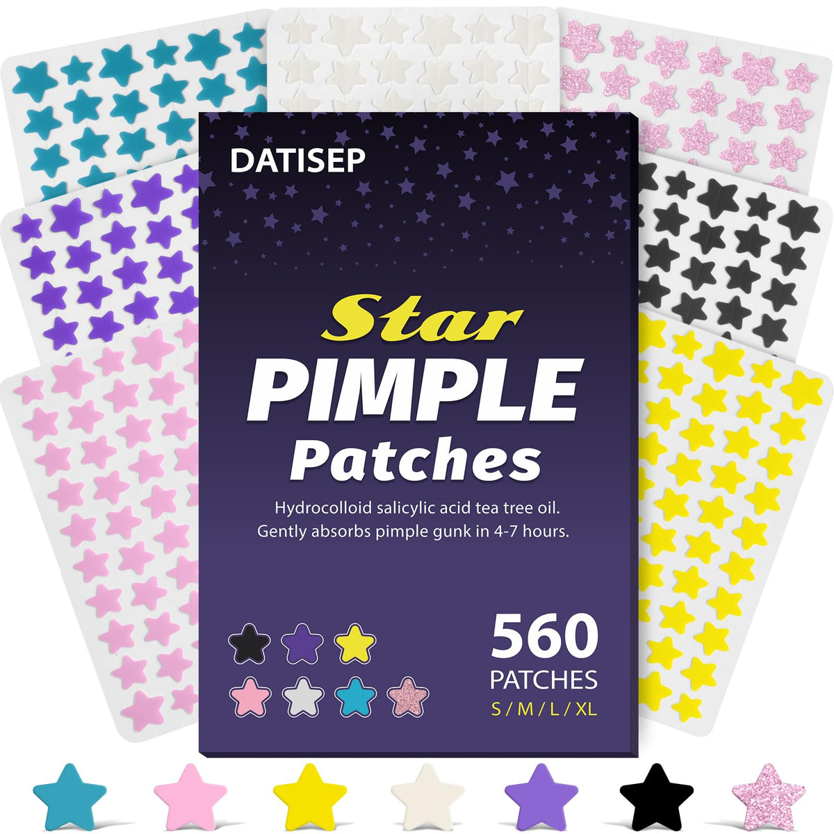 DATISEP front packaging showing 560-count star pimple patches and color variety for convenience