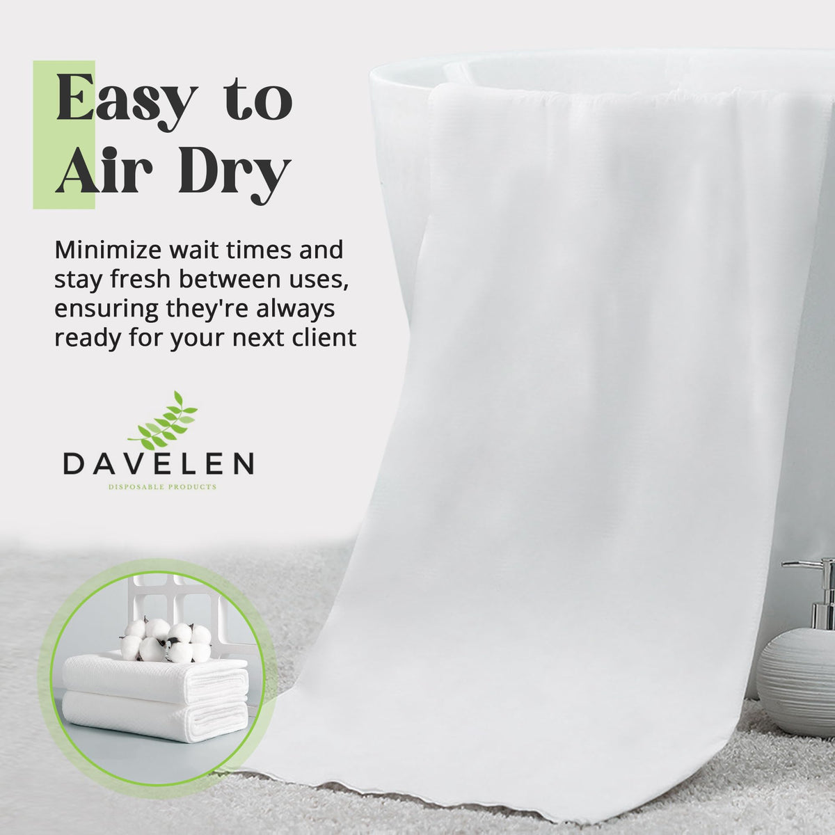 DAVELEN towel used for hair drying showing protective, absorbent performance
