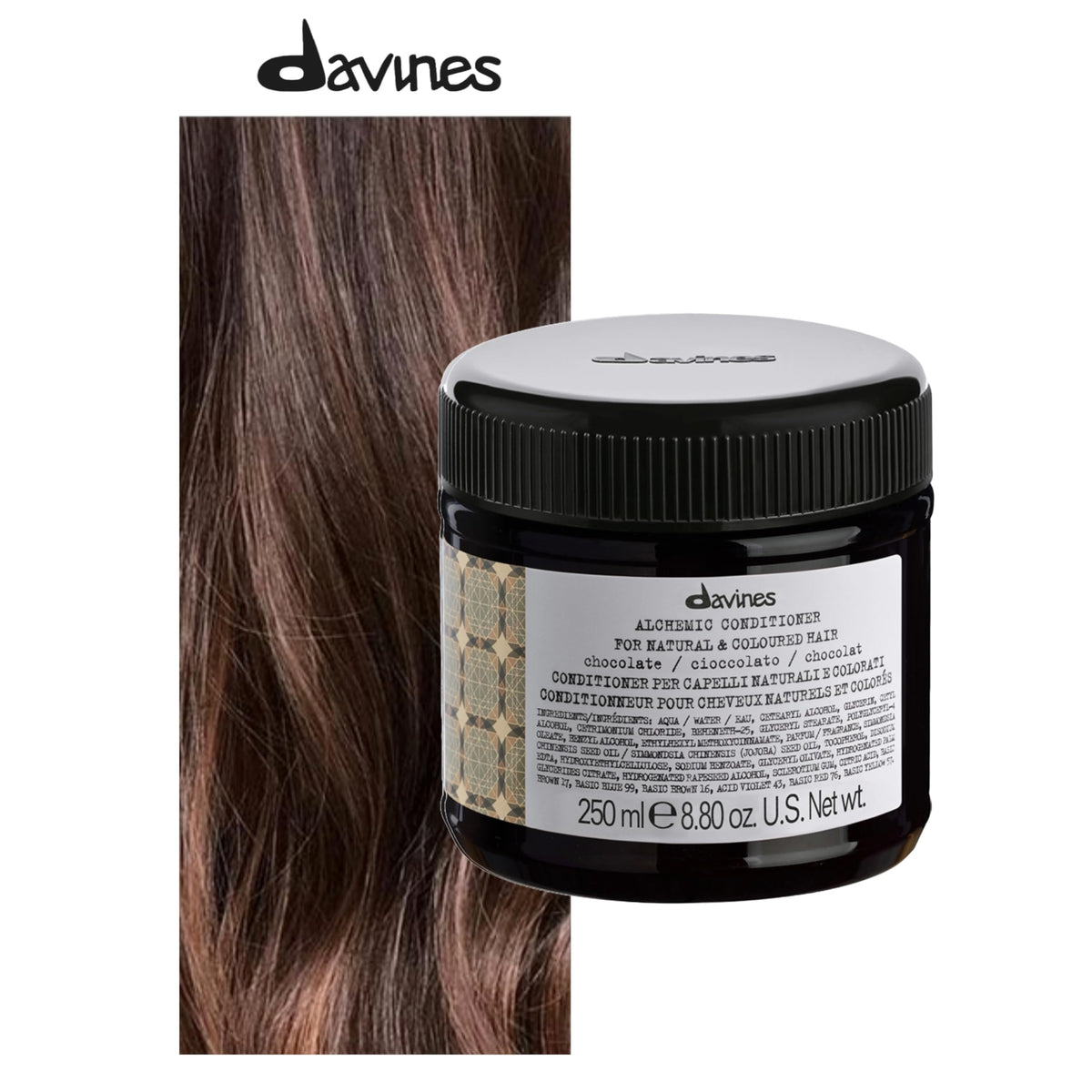 Davines back label of Alchemic Chocolate with ingredient list for informed users