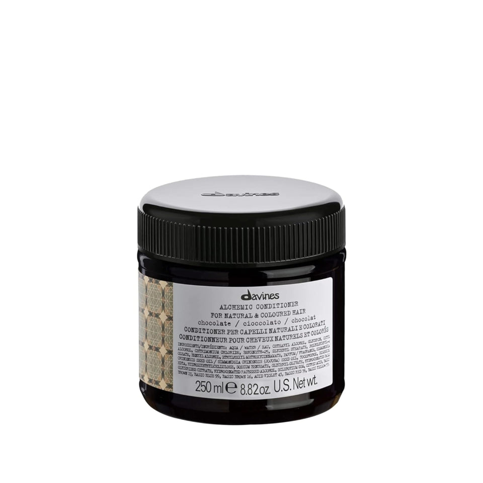 Davines front packaging of Alchemic Chocolate showing rich brunette benefit