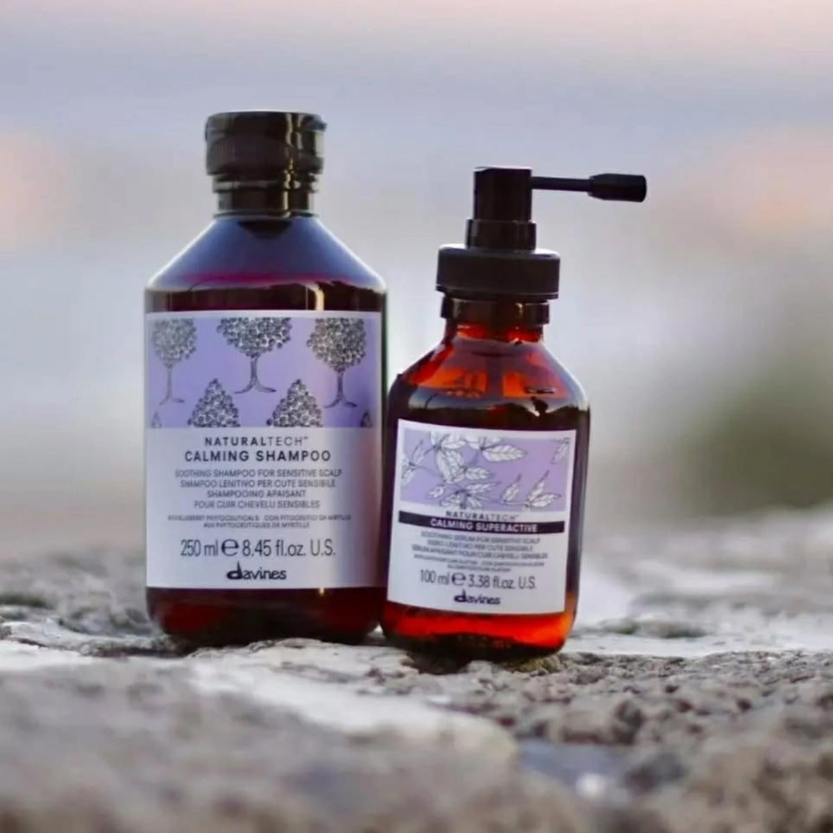 Davines calming shampoo on bathroom shelf suggesting everyday routine