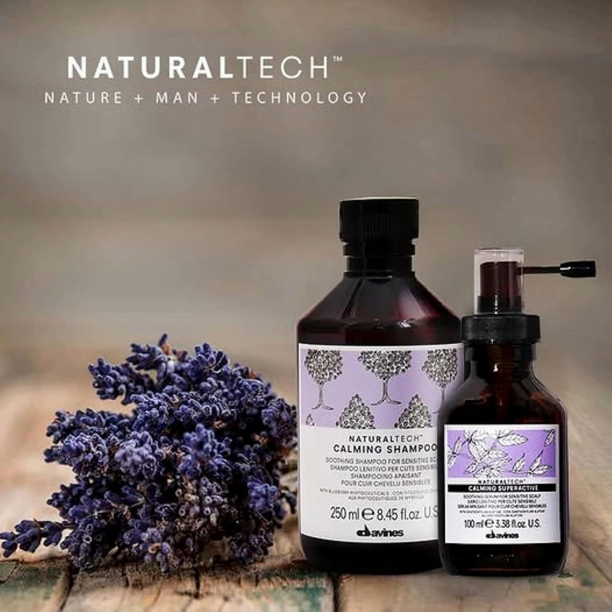 Davines label close-up highlighting calming shampoo ingredients and benefits