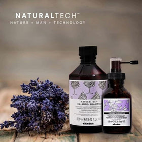 Davines label close-up highlighting calming shampoo ingredients and benefits