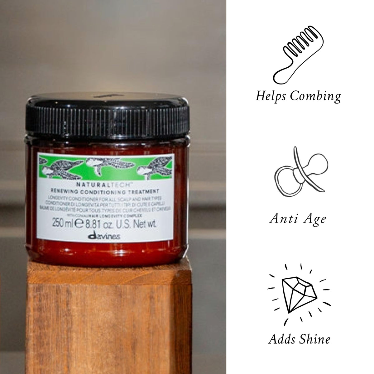 Davines label close-up highlighting spinach and maqui berry antioxidants