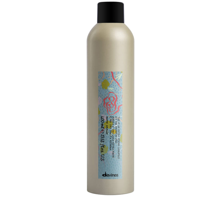 Davines extra strong hairspray front packaging shows bottle and branding benefit hold