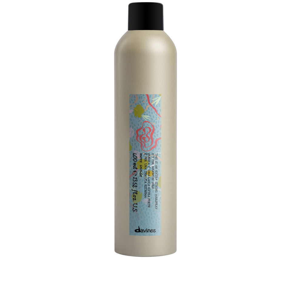 Davines extra strong hairspray front packaging shows bottle and branding benefit hold