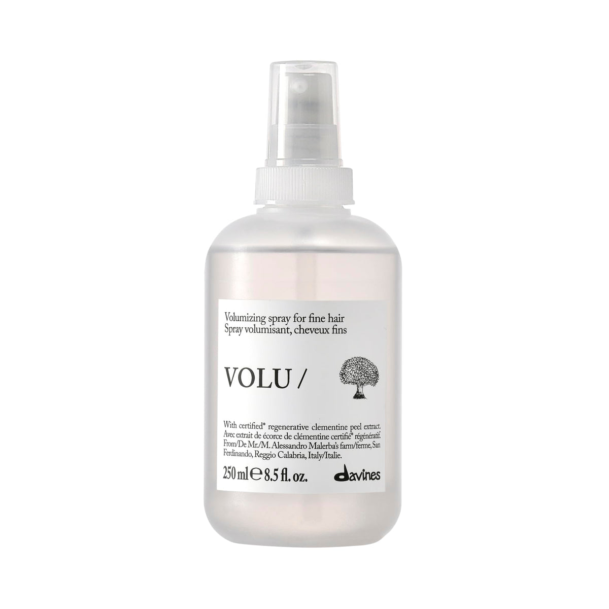Davines front packaging of VOLU/ hair mist showing bottle and cap with a clean benefit