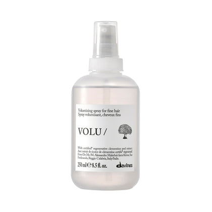 Davines front packaging of VOLU/ hair mist showing bottle and cap with a clean benefit