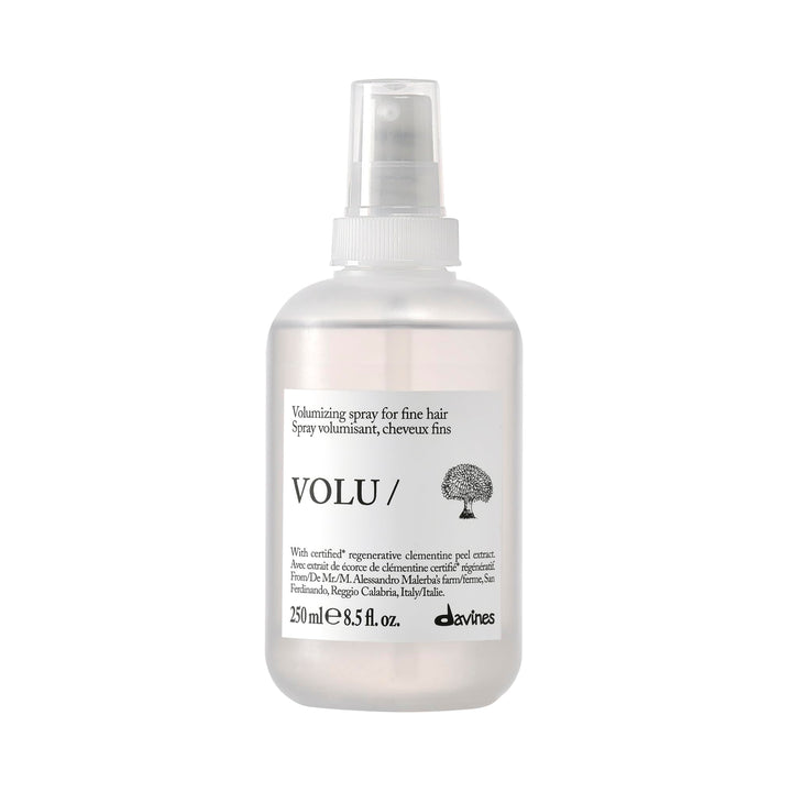 Davines front packaging of VOLU/ hair mist showing bottle and cap with a clean benefit