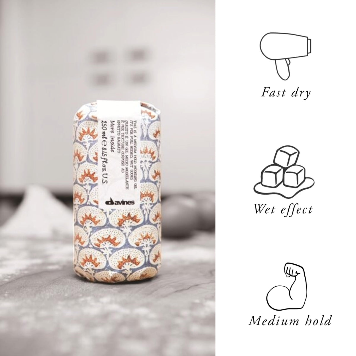 Davines gel held in hand for size comparison and travel-friendly eight-ounce benefit