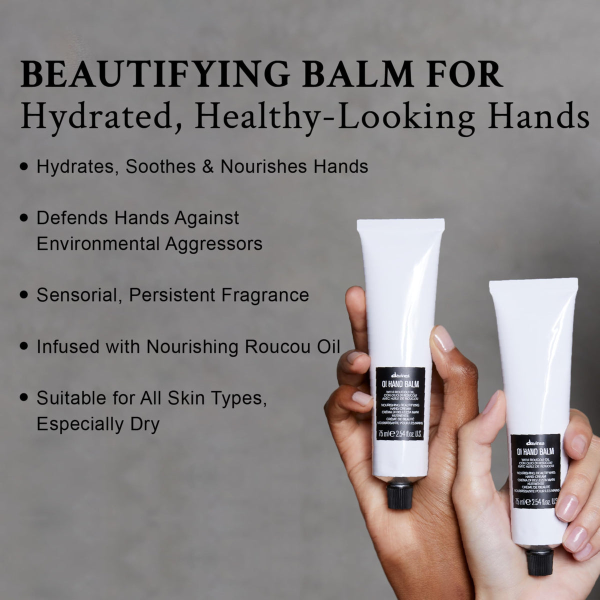 Before and after hands with Davines OI demonstrating softer smoother skin