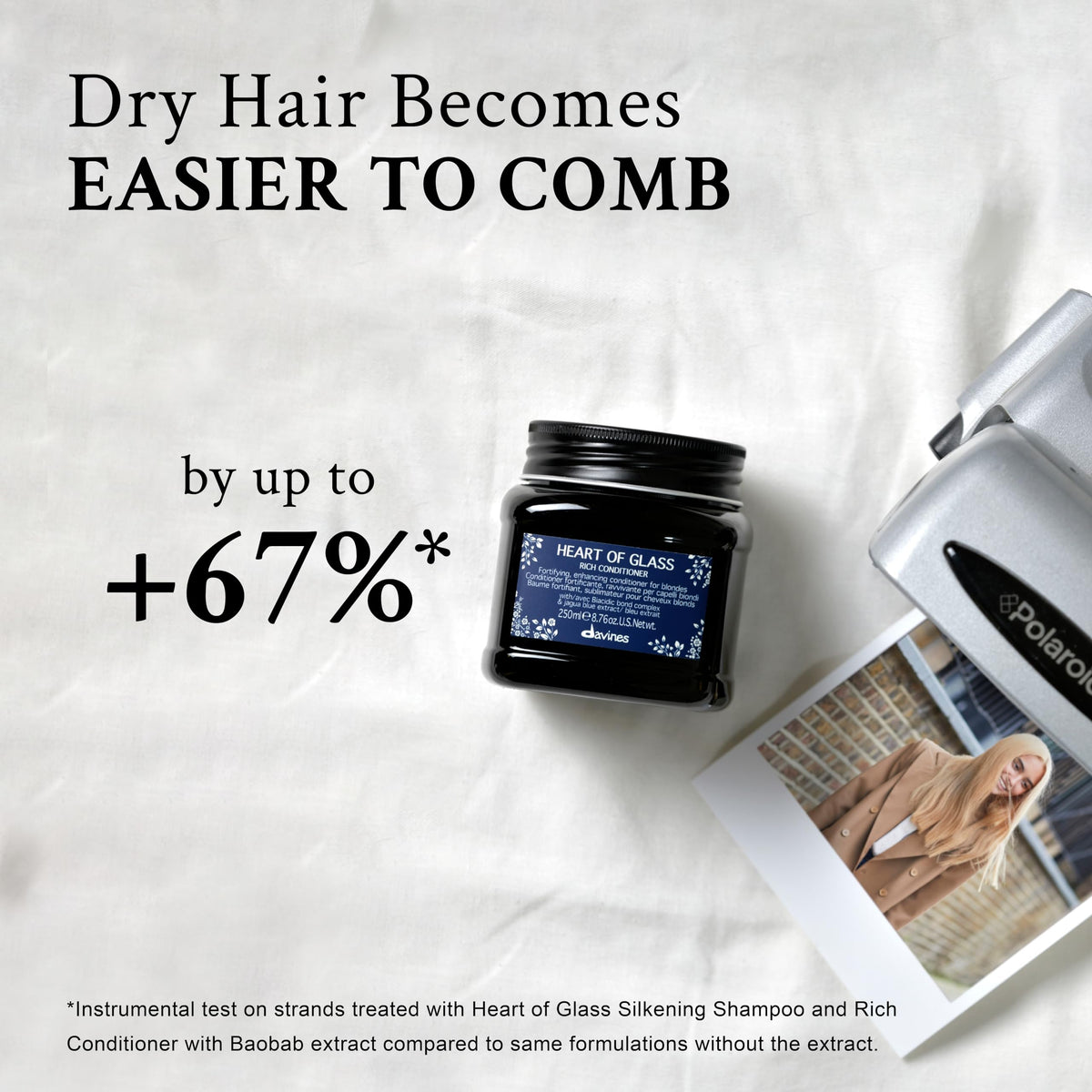 Davines after-rinse blonde strands appear smooth and luminous with added strength