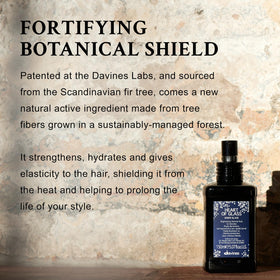 Ingredients label closeup on Davines bottle emphasizing botanical shield
