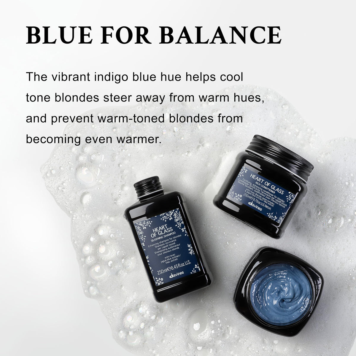 Davines Heart of Glass shampoo applied in shower demonstrating lather and cleansing action