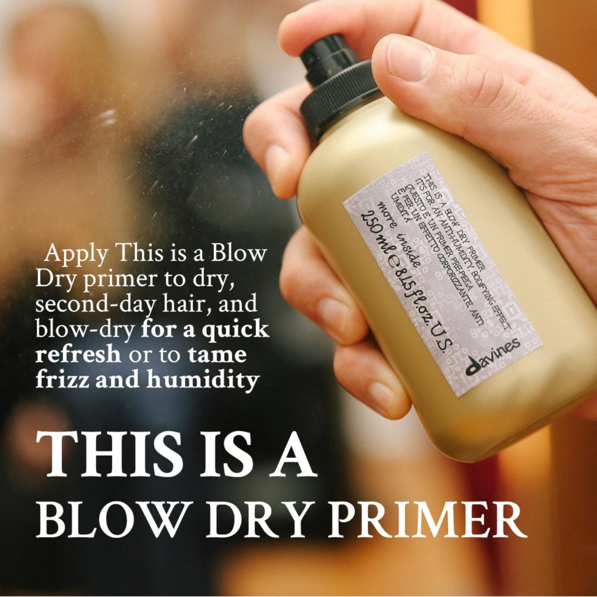 Davines bottle in hand for scale, showing compact travel-friendly 8.45 fl oz size benefit