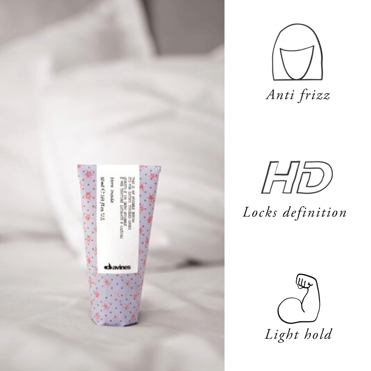 Davines serum applied to damp hair showing satin finish and styling readiness benefit