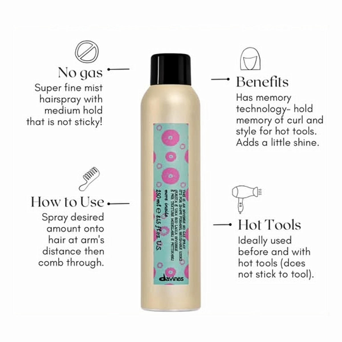 Davines spray in action on styled hair demonstrating quick drying and hold