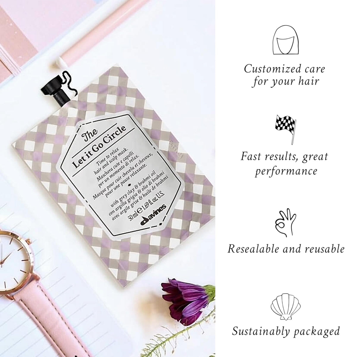 Davines mask placed on bathroom shelf suggesting easy daily self-care use