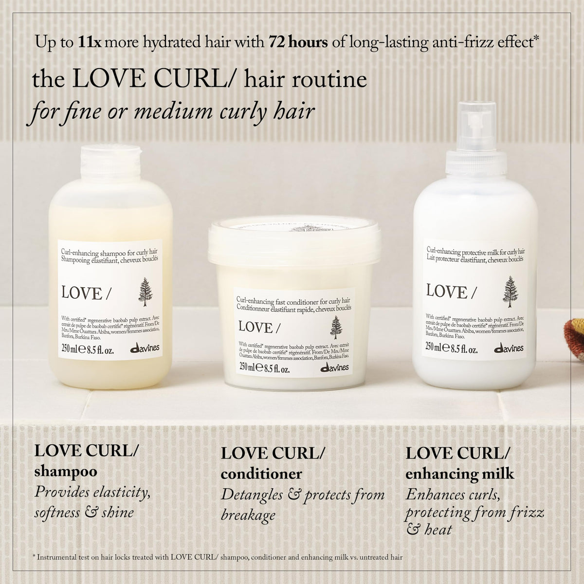 Davines LOVE CURL on bathroom shelf in lifestyle scene implying daily routine improvement