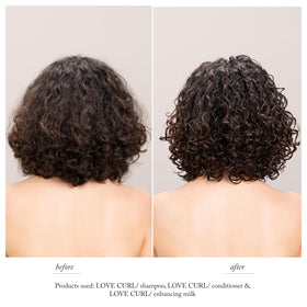 Davines LOVE CURL pump dispenser detail illustrating easy use and measured application benefit