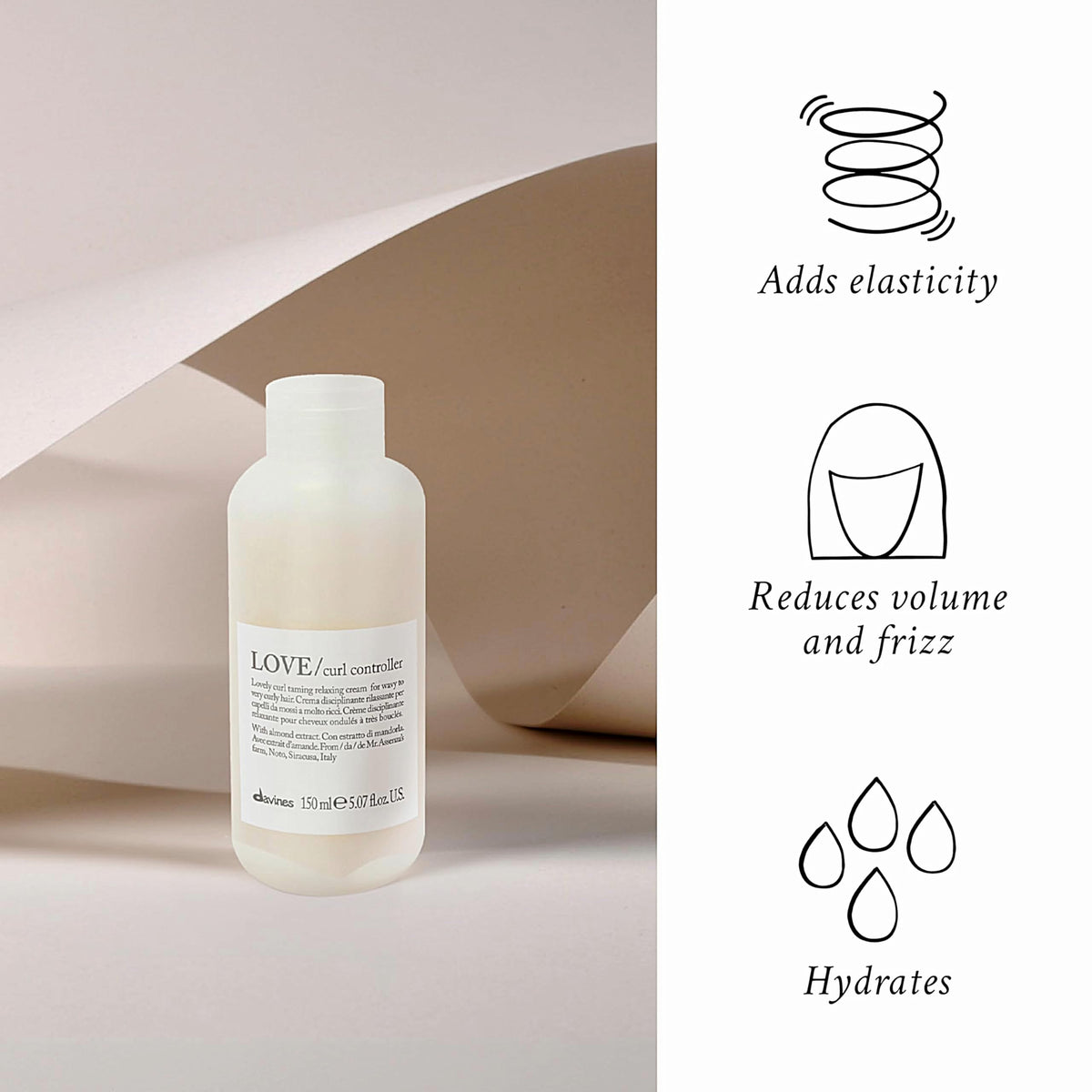 Dispensing Davines LOVE Curl Controller into palm for measured styling benefit