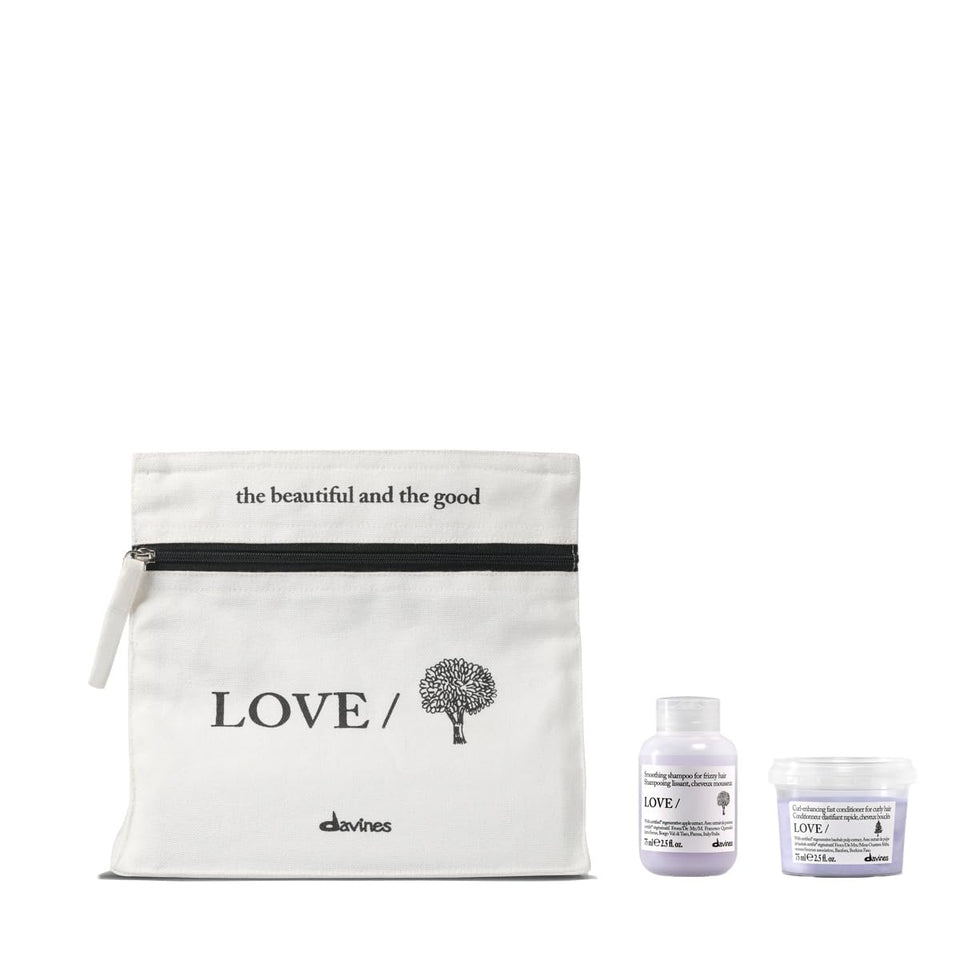Davines LOVE smooth front packaging showing travel duo, compact and convenient