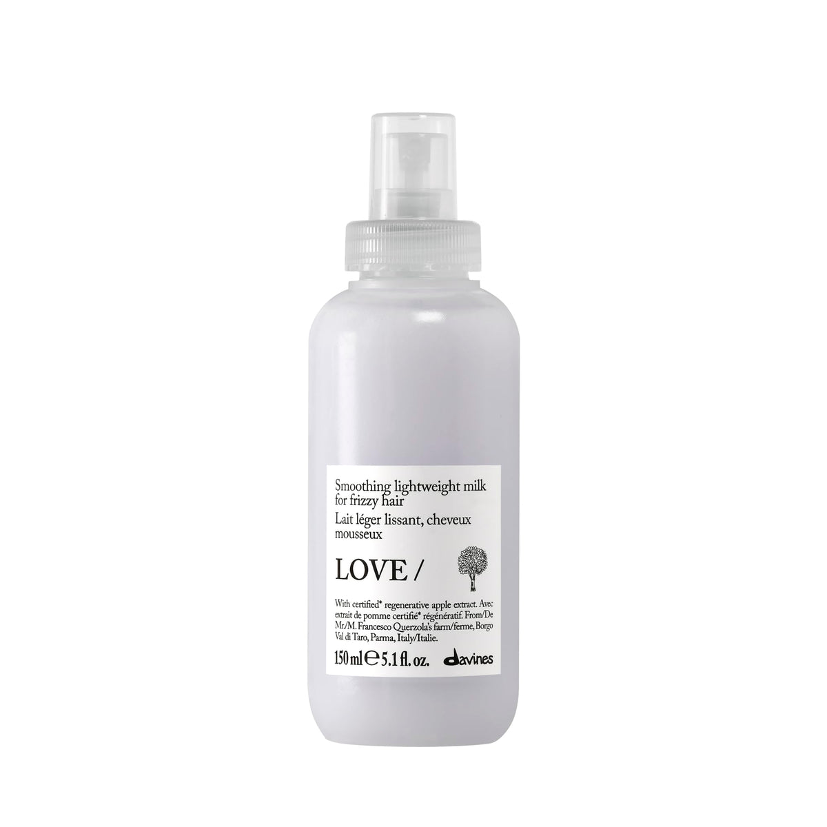 Davines front packaging of LOVE SMOOTHING milk showing bottle and label, highlights size and clarity