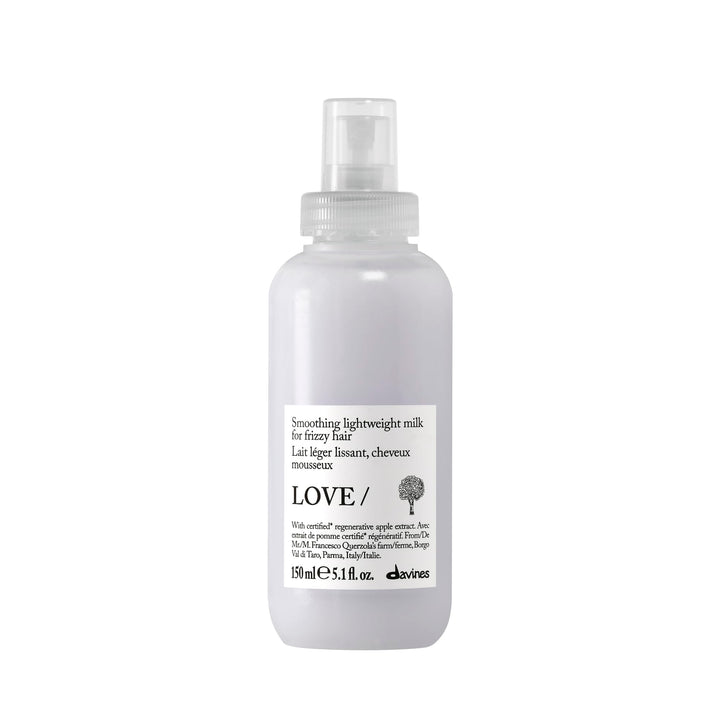 Davines front packaging of LOVE SMOOTHING milk showing bottle and label, highlights size and clarity