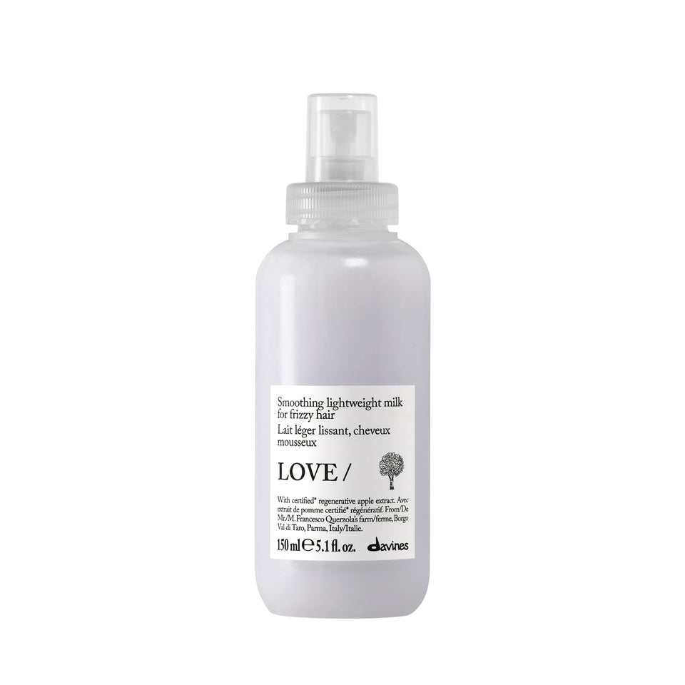 Davines front packaging of LOVE SMOOTHING milk showing bottle and label, highlights size and clarity