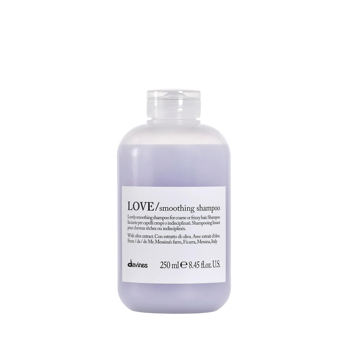 Davines LOVE smoothing shampoo front packaging showing size and brand benefits