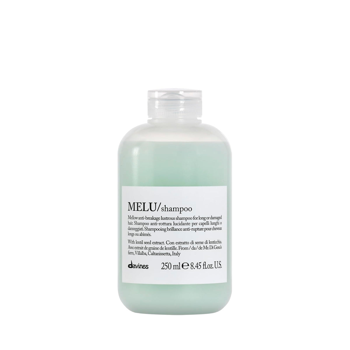 Davines MELU front packaging showing bottle and branding for authentic product