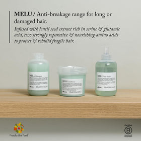 Davines MELU in use with blow dryer protecting hair from heat